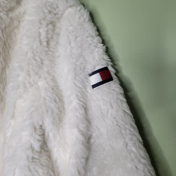 Tommy Hilfiger Faux Fur Jacket Fleece Small Cream Full Zip Logo Pockets - Picture 3 of 8
